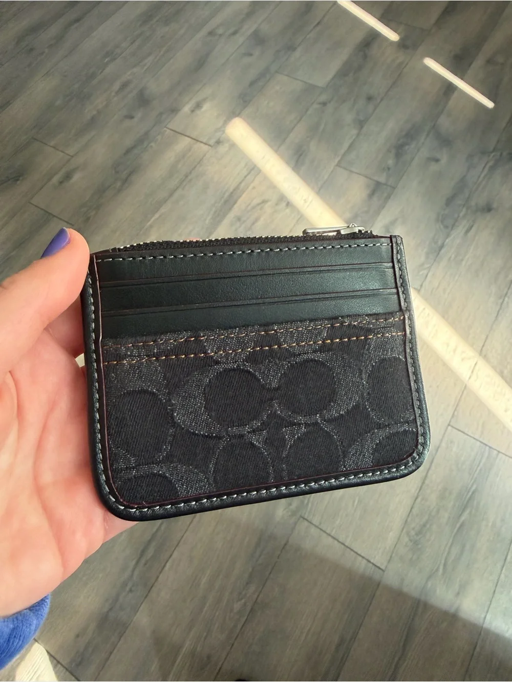 Coach black denim zip card case